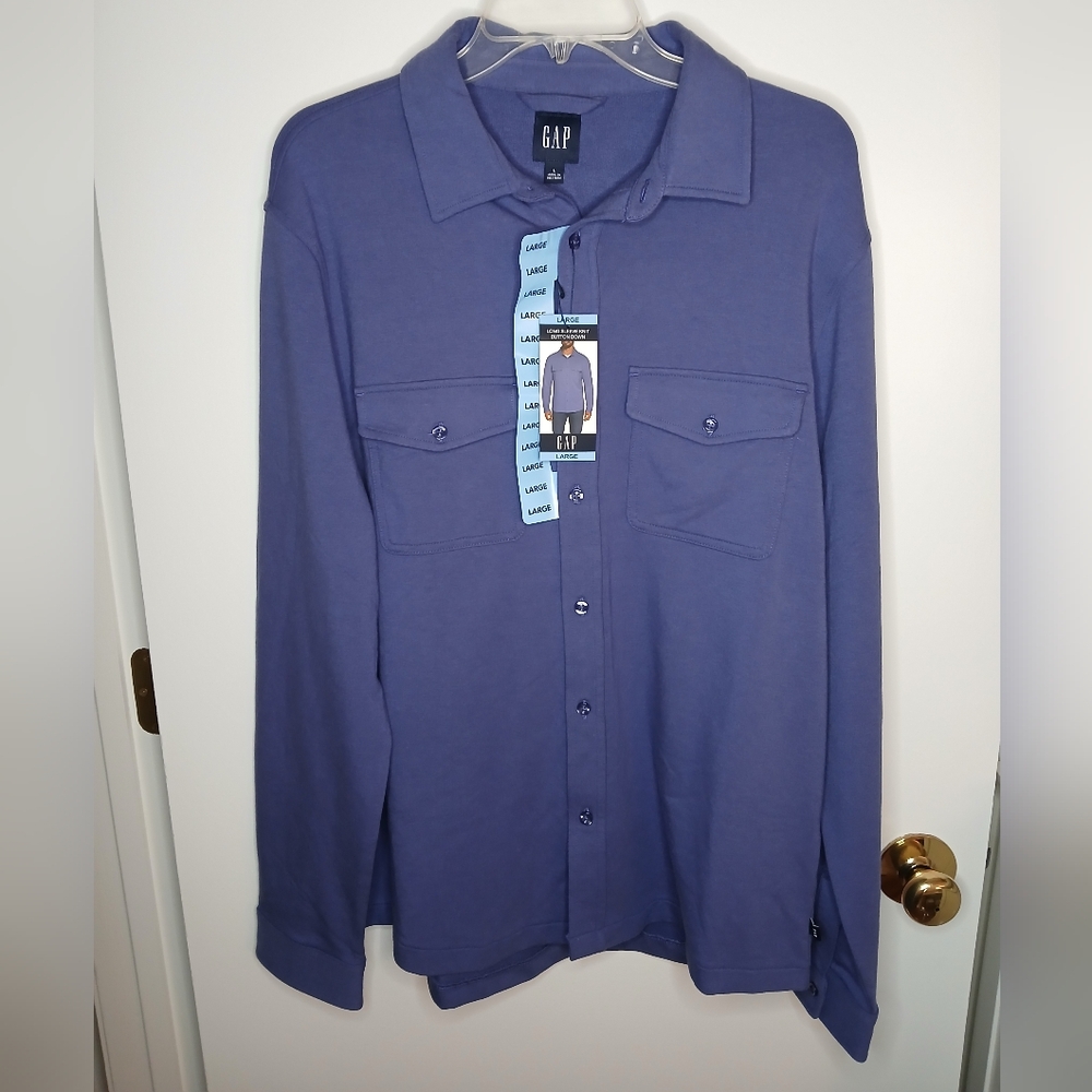 GAP Men's Blue Long Sleeve Knit Button Down Shirt, Size L